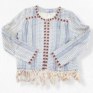 Tularosa Blue White Woven Embroidered Boho Fringe Jacket Open Blazer Size Medium